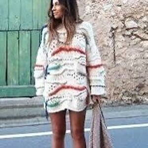 Zara Textured Knit Sweater With Embroidery Oversized Cream Chunky XS Small